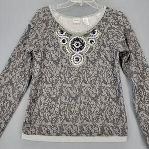 Daytrip Gray Black Beaded Floral Shirt Classic Long Sleeves Women Size M Tee Top